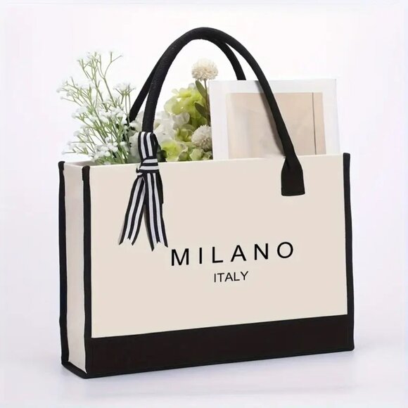 🎁Milano Italy Print Canvas Tote Bag w/ Bow  Capacity, Waterproof - Picture 4 of 8